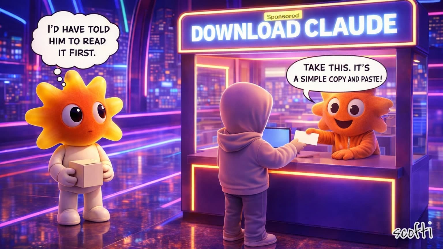 A neon-lit kiosk at night with a glowing sign, DOWNLOAD CLAUDE, and a small yellow Sponsored label on top. Behind the counter a grinning figure in an orange sunburst costume and a zip-up orange hoodie hands a blank slip to a customer in a grey hoodie, saying, "Take this. It's a simple copy and paste!" Off to the left the real toy with the orange sunburst head stands alone holding a small box and thinks, "I'd have told him to read it first."
