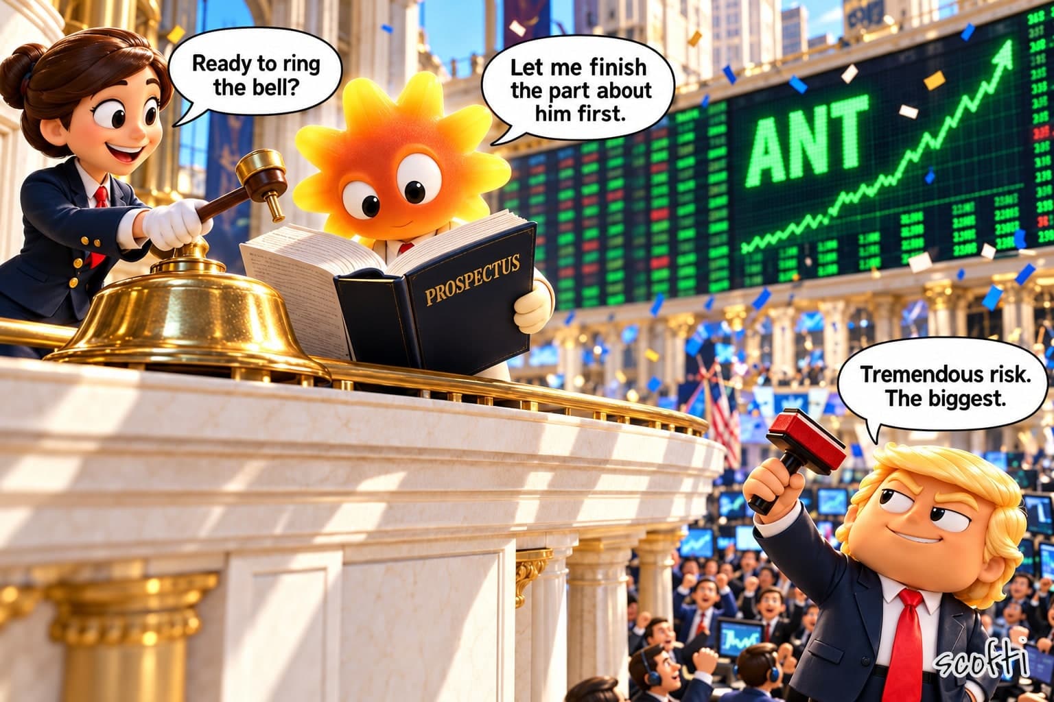 A bright stock exchange on listing day, with confetti in the air and a big green board behind showing ANT and a line going up. On a marble balcony, a smiling woman in a blazer holds a mallet over a brass bell and asks, "Ready to ring the bell?" Next to her, Clyde, a toy with an orange sunburst head, is reading a thick book called PROSPECTUS and says, "Let me finish the part about him first." Down on the busy trading floor, a toy Donald Trump in a dark suit and red tie grins up at him, holding a big rubber stamp in the air, and says, "Tremendous risk. The biggest."