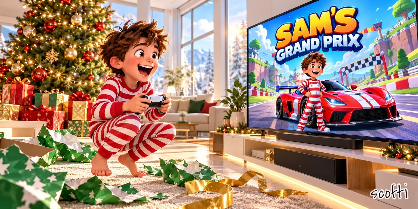 Christmas morning. A boy in red and white striped pajamas crouches on the rug with a game controller, laughing, with torn green wrapping paper and gold ribbon around him and a lit tree behind him. On the big TV, a game called Sam's Grand Prix shows a cartoon boy who looks just like him, in the same pajamas, standing by a red race car.