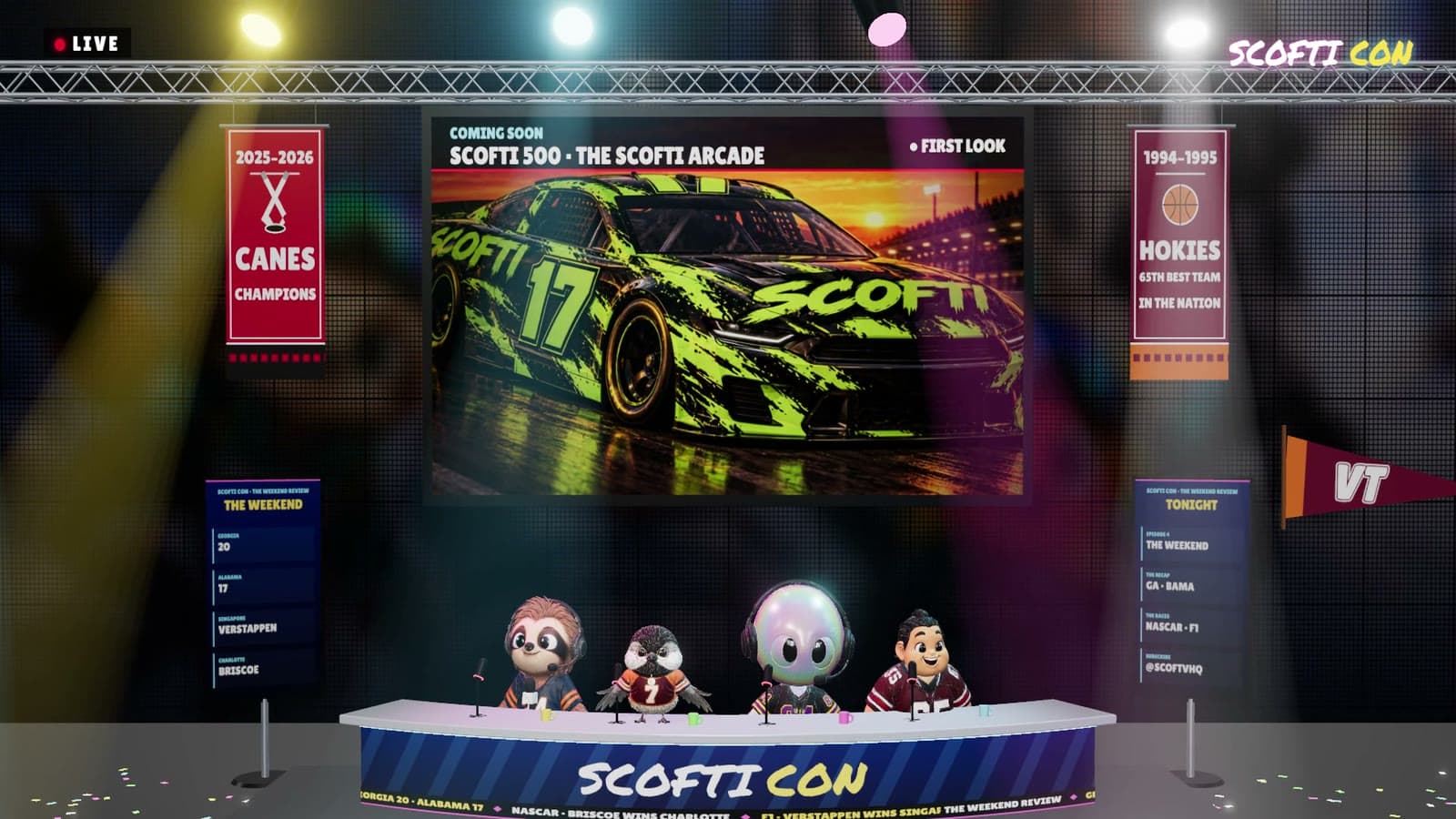 Four cartoon hosts in football jerseys sit at the SCOFTI CON desk. Behind them, a big screen shows a neon green race car, number 17.