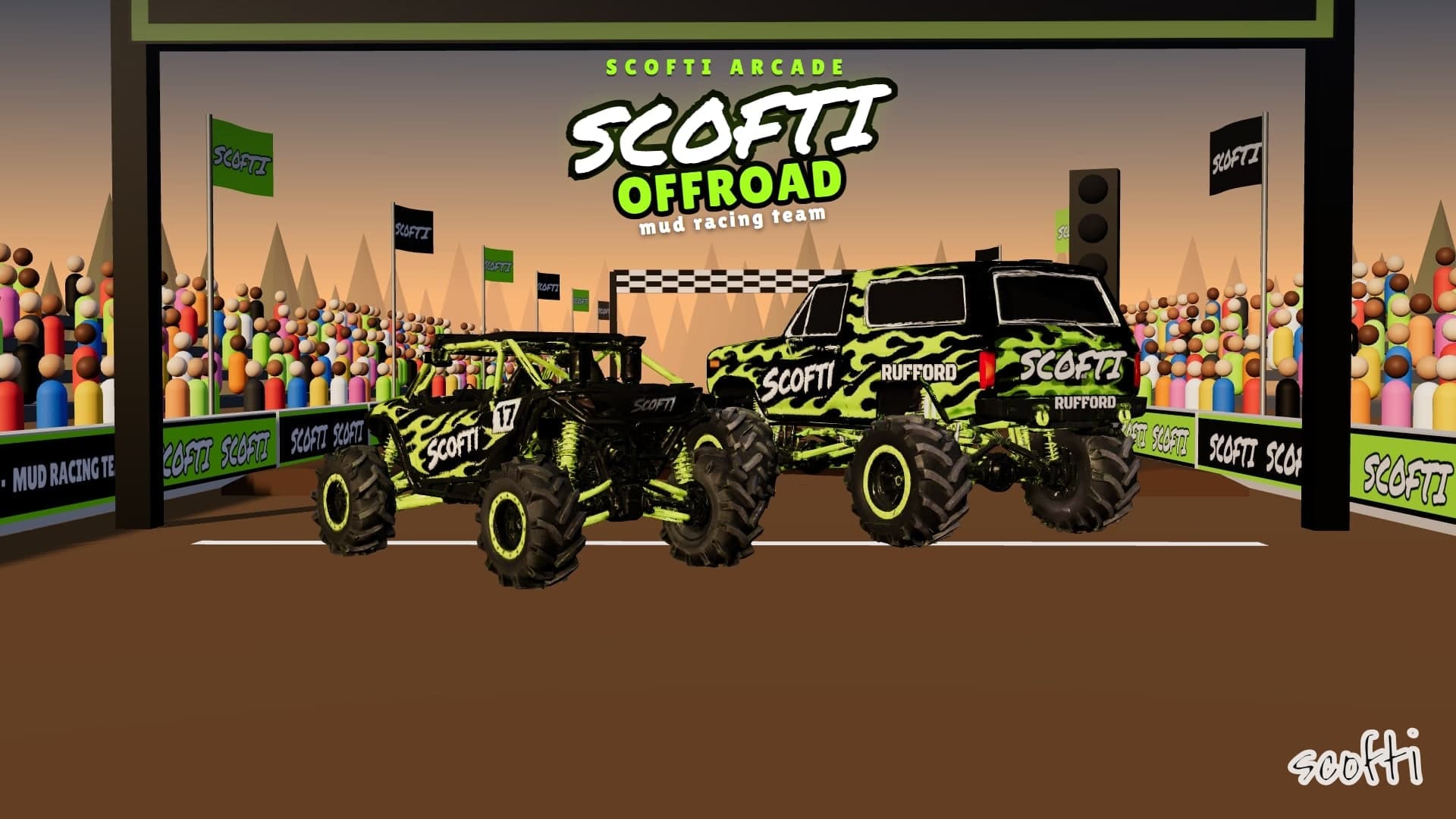 Under SCOFTI ARCADE in lime, SCOFTI in white brush lettering, OFFROAD in lime and mud racing team, tilted across a sunset sky, two mud racers in black with lime flames sit on a dirt start line under a lime-trimmed arch: a caged side-by-side wearing 17 and SCOFTI on its side, and a lifted truck with SCOFTI and RUFFORD on its tailgate, both on huge lime-rimmed tires. Packed bleachers line both sides behind SCOFTI banners, flags fly along the track, and a light tree stands beside the right lane.