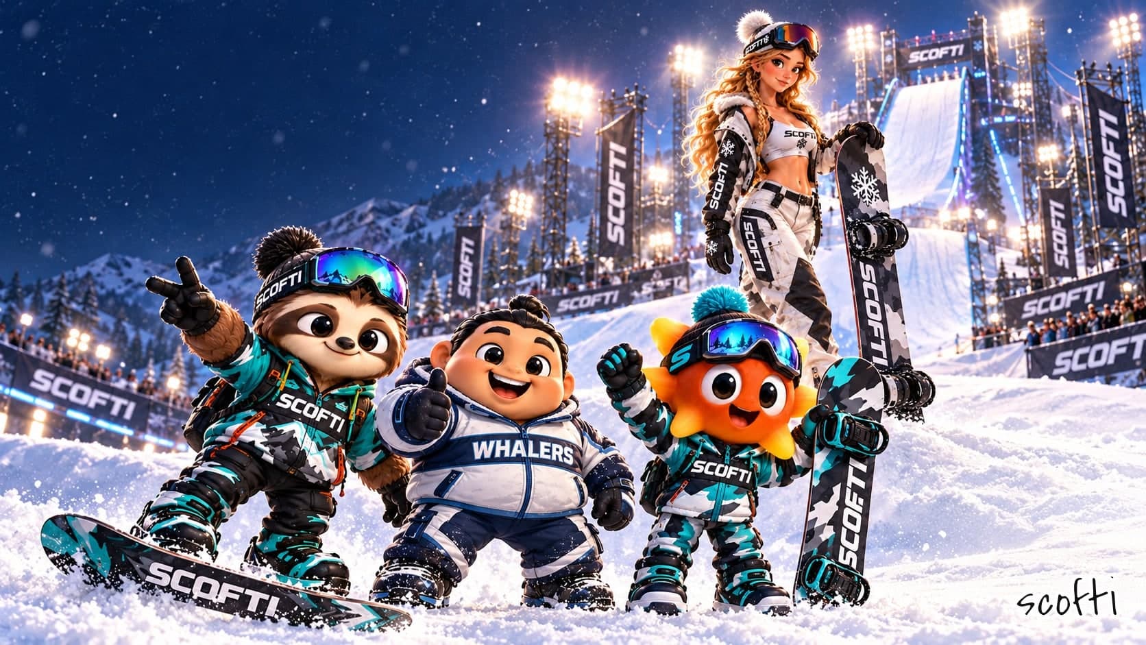 Four toy athletes pose on a snowy slope at a floodlit night stadium hung with SCOFTI banners: a sloth in a teal camo jacket and goggles flashing a peace sign from a SCOFTI snowboard; a grinning wrestler with a topknot in a navy and white WHALERS puffer suit giving a thumbs up; an orange sunburst-headed figure in teal camo raising a fist beside a camo SCOFTI board; and behind them, standing taller on the slope, a woman with long blonde braids in white camo snow gear holding a snowboard. A ski jump rises into the sky behind them.