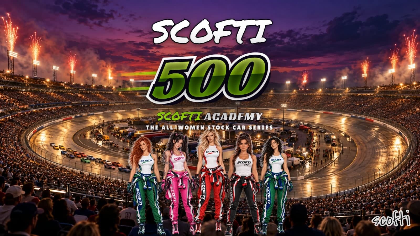 The SCOFTI 500 title: SCOFTI in white brush letters, a big green 500 under it, then SCOFTI ACADEMY and THE ALL-WOMEN STOCK CAR SERIES. Five women drivers in white tank tops stand below, their race suits tied at the waist in green, pink, red, black and green, in front of a packed oval track at sunset with fireworks going up.