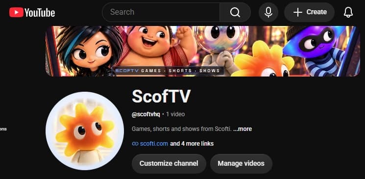 The ScofTV channel page on YouTube. A banner of cartoon characters reads "ScofTV: games, shorts, shows": a black-haired girl, a grinning wrestler with a topknot, an iridescent bubble head, an orange sunburst head and a purple star head in a bandit mask. Below it, an orange sunburst-headed avatar beside the channel name ScofTV, @scoftvhq, 1 video, "Games, shorts and shows from Scofti," and a link to scofti.com.