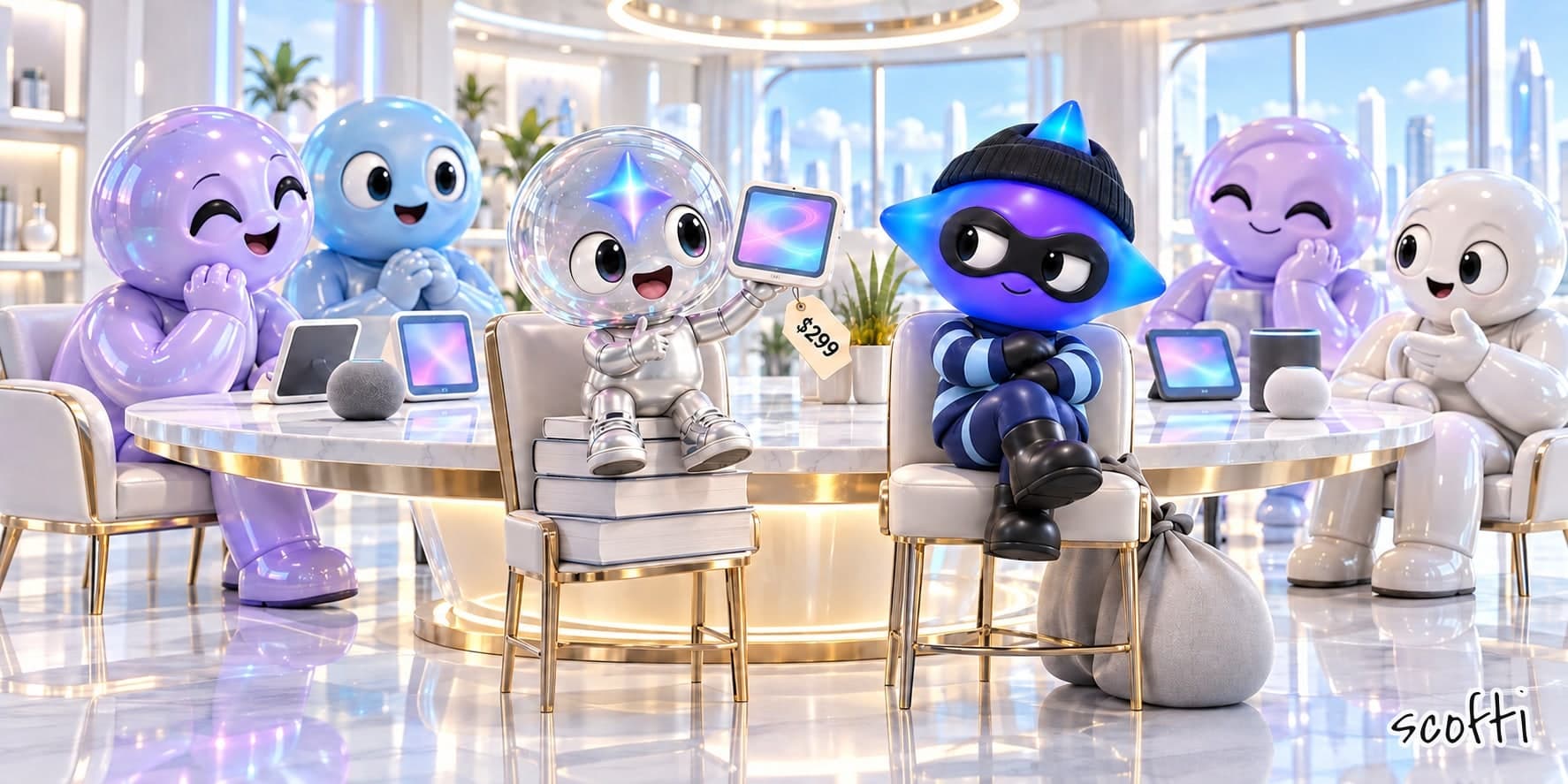 Cartoon toys sit at a round table in a bright showroom full of smart screens and speakers. A small silver toy with a glass head sits on a stack of books and holds up a screen with a $299 tag. A glowing blue star is inside his glass head. Next to him, a star-headed toy in a beanie, a mask and a striped shirt sits with his arms crossed and a sack at his feet.
