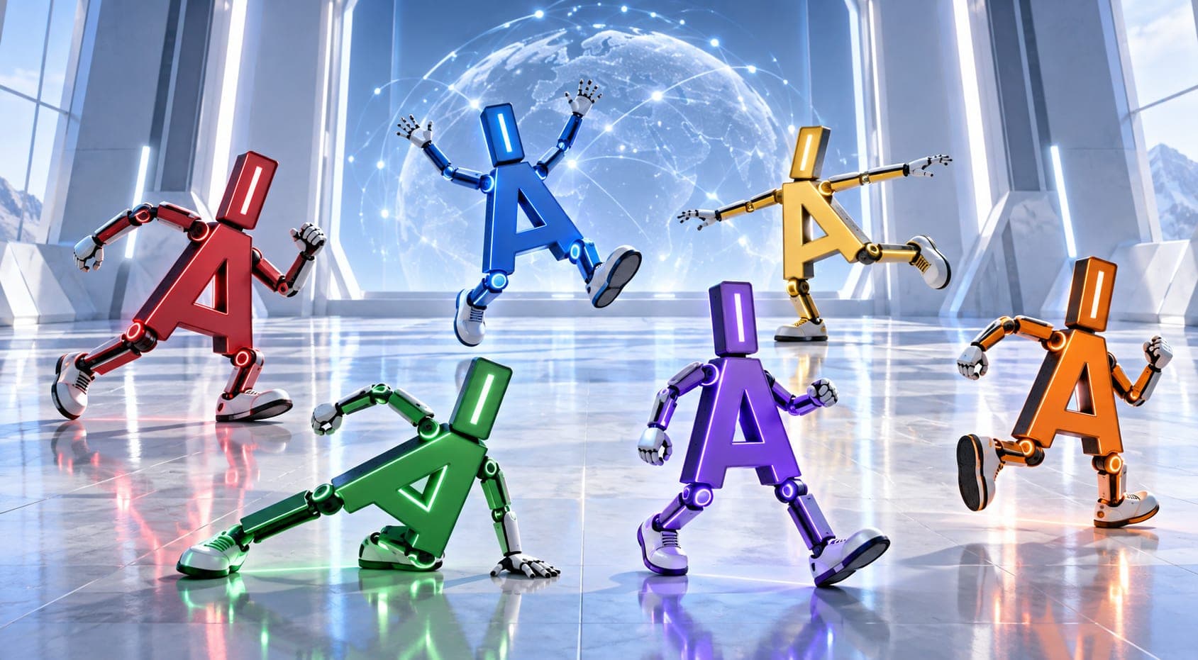 Six robot figures built from the letters A and I, each a different colour, running and sprawling in different directions across the polished floor of a bright white hall with a glowing globe behind them.