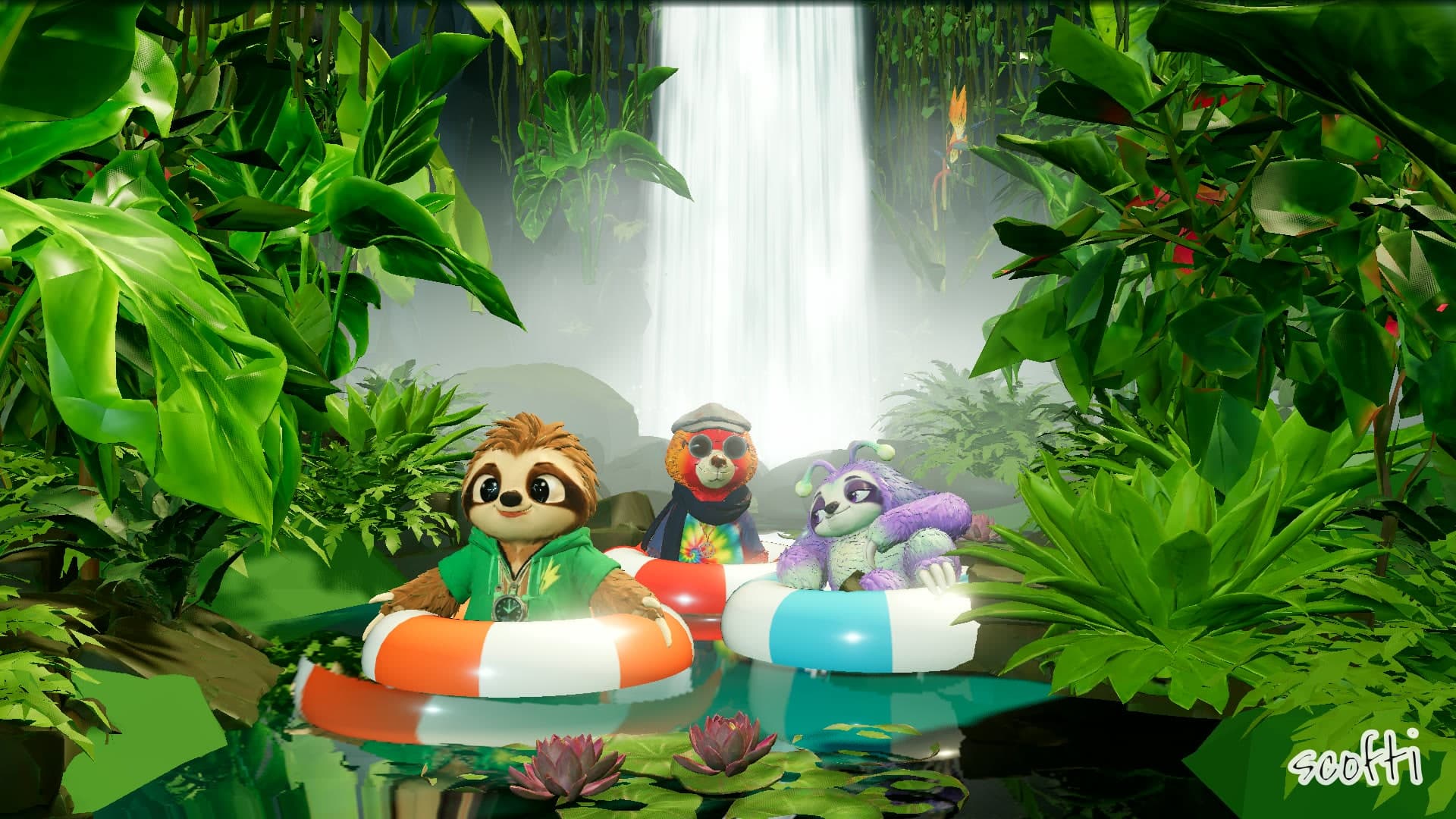 Three toy sloths float in rubber rings on a jungle pool below a waterfall: a brown sloth in a green hoodie with a lightning patch and a stopwatch, in an orange and white ring; a purple and mint sloth with glowing green antennae, in a blue and white ring; and behind them a sloth in a flat cap, round sunglasses, scarf and tie-dye shirt, in a red and white ring. Giant leaves frame the scene and water lilies bloom in front.