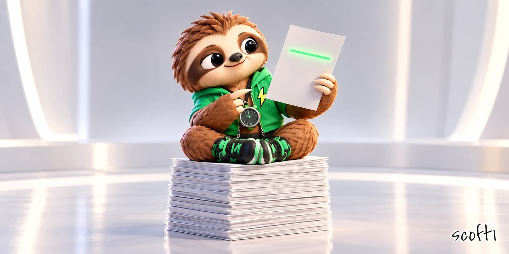 Sloth, a cartoon sloth in a green zip hoodie with a lightning-bolt patch, a stopwatch on a chain and black-and-green sneakers, sits cross-legged on a tall stack of blank paper in a bright white room. He holds one page up and points at it with a small smile; a single line on that page glows green.