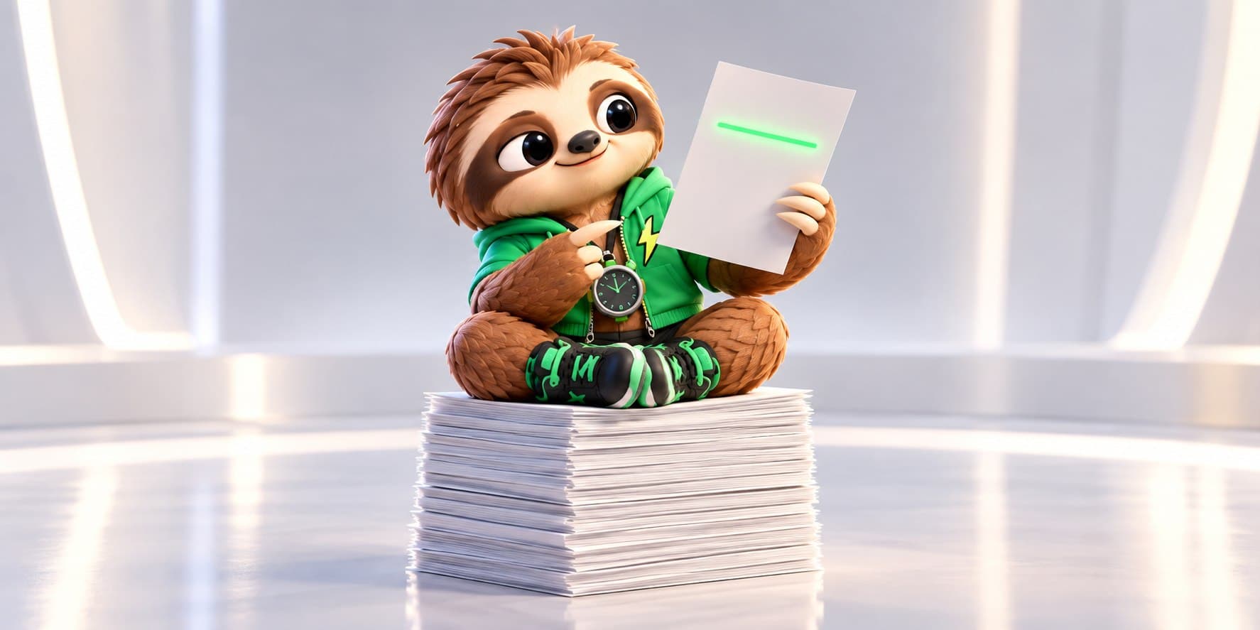 Sloth, a cartoon sloth in a green zip hoodie with a lightning-bolt patch, a stopwatch on a chain and black-and-green sneakers, sits cross-legged on a tall stack of blank paper in a bright white room. He holds one page up and points at it with a small smile; a single line on that page glows green.