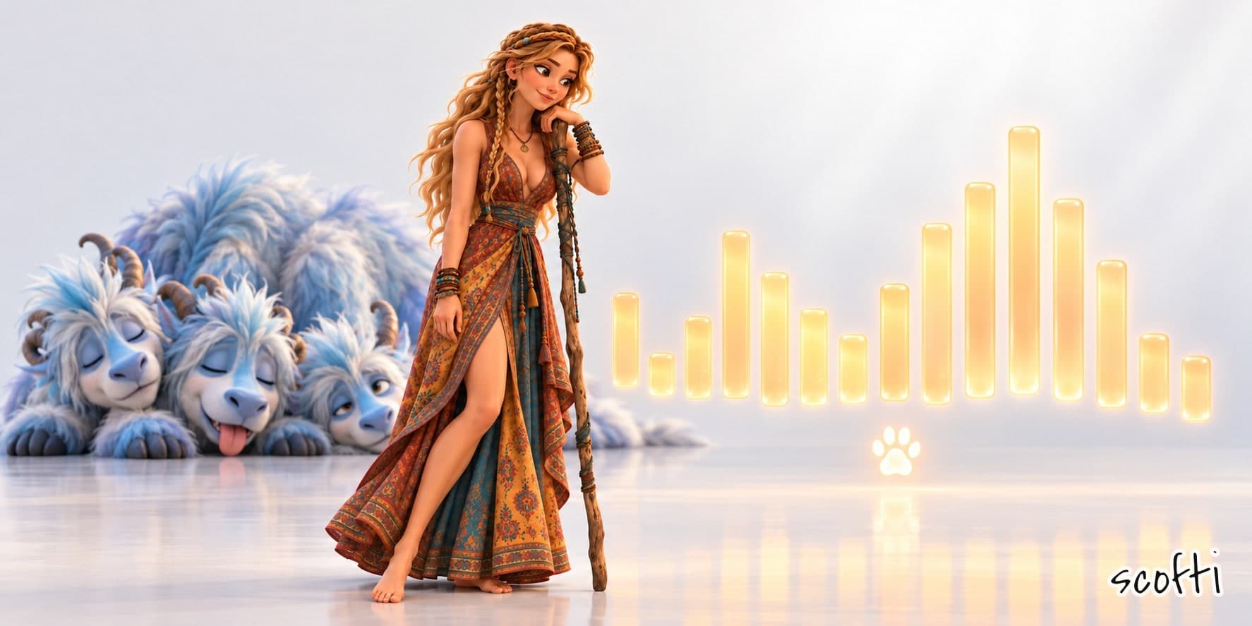 Tela, an animated young woman with long wavy honey-blond hair in braids and a flowing rust, saffron and teal paisley dress, leans on a tall wooden staff in a bright white room, smiling at a row of glowing amber bars floating beside her above a small glowing paw print. Behind her a huge shaggy pale-blue creature with three horned heads lies dozing on the floor, one head with its tongue out.