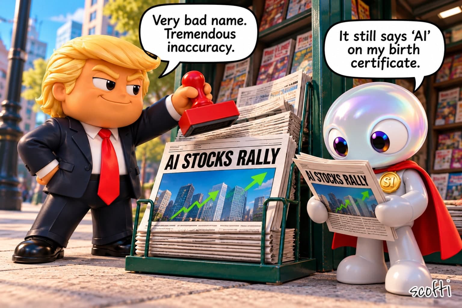 A sunny newsstand on a city street. Chief, a toy man with swept blond hair, a dark suit and a long red tie, grins as he lifts a big red rubber stamp over a newspaper with the headline AI STOCKS RALLY, saying "Very bad name. Tremendous inaccuracy." Next to the rack, Al, a toy with a big pearly rainbow-sheen head, a red cape and a gold SI badge, reads the same paper and says, without looking up, "It still says 'AI' on my birth certificate."