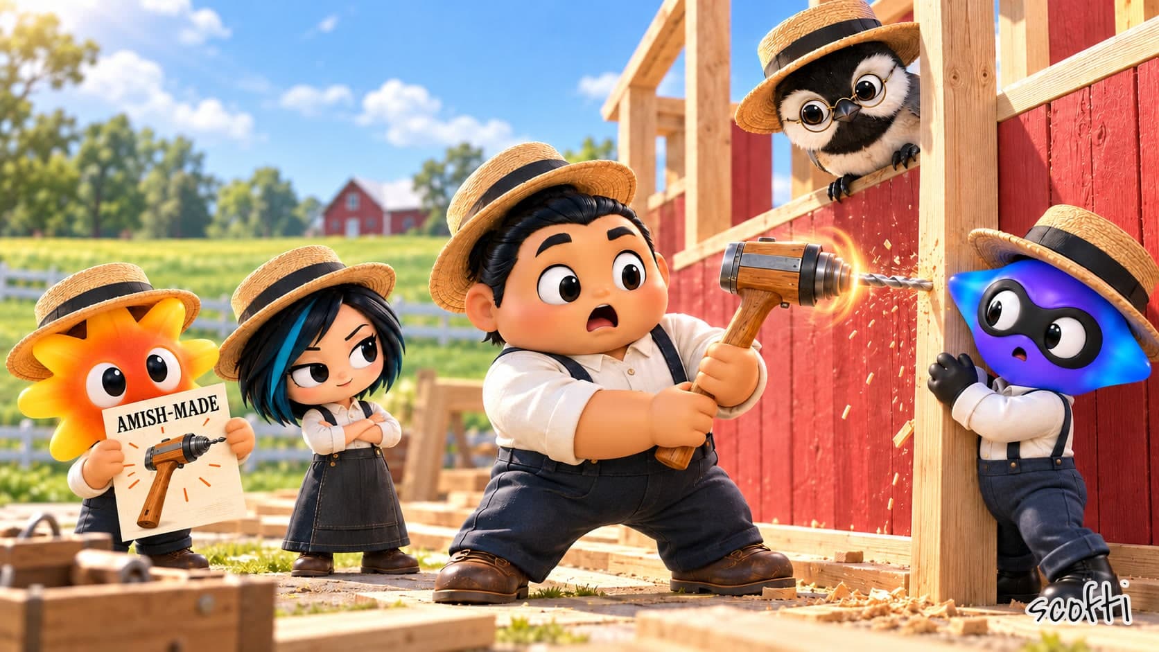 Cartoon toys in straw hats building a red barn. The big one swings a hammer, and the end of it has turned into a drill. Another holds up a flyer that says "AMISH-MADE".