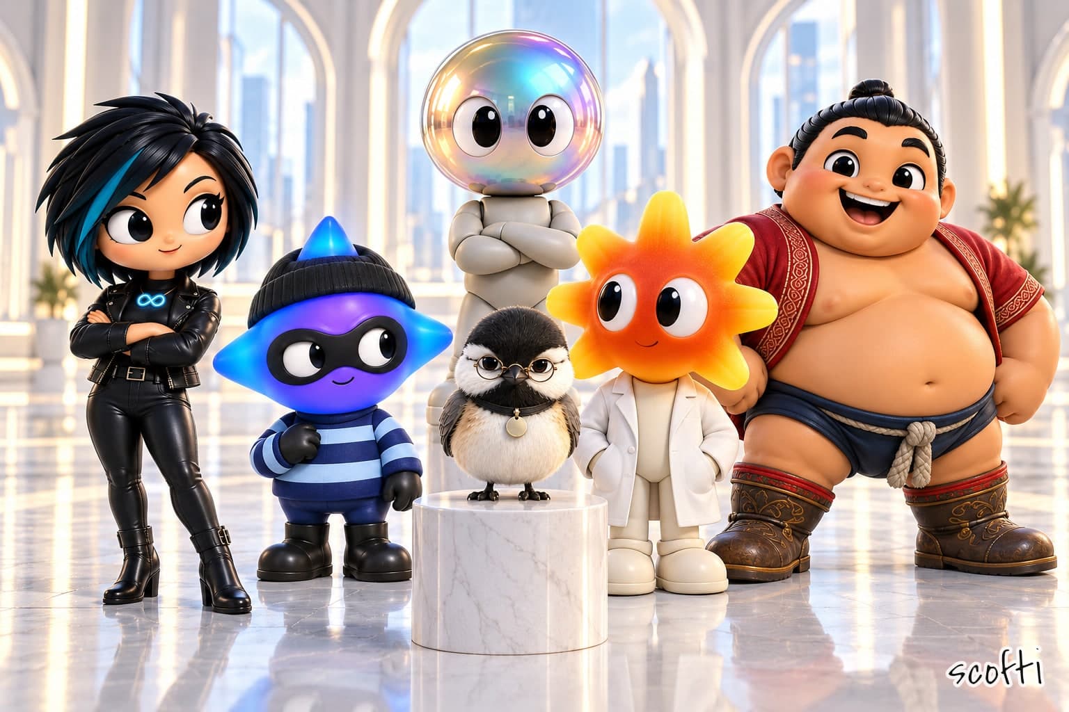 Six toy figures pose together on a white marble floor in a bright hall of arches: a punk woman with a black bob and a teal streak in a leather jacket, arms folded; a blue-violet star-headed figure in a beanie, mask and striped jersey; a grey figure with a large iridescent bubble head standing at the back with arms folded; a chickadee in round spectacles on a marble plinth; an orange sunburst-headed figure in a white lab coat; and a huge grinning wrestler with a topknot in a red jacket and boots.