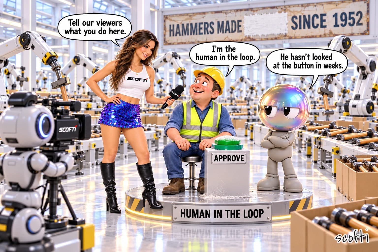 In a bright, spotless hammer factory, rows of white robot arms hammer and pack hammers into boxes, and no people are working. In the middle, on a round platform labelled HUMAN IN THE LOOP, a man in a yellow hard hat and hi-vis vest sits on a stool beside a pedestal with one big green button marked APPROVE, covered in dust. He is gazing up, smitten, at a reporter in a white SCOFTI crop top, a purple sequin skirt and black knee boots, who holds a SCOFTI microphone out to him while a robot films her. She says, "Tell our viewers what you do here." He says, "I'm the human in the loop." A grey toy with a big iridescent bubble head stands beside them, arms folded, and says, "He hasn't looked at the button in weeks." High on the back wall, an old sign reads HAMMERS MADE, a patch of fresh white paint, SINCE 1952.