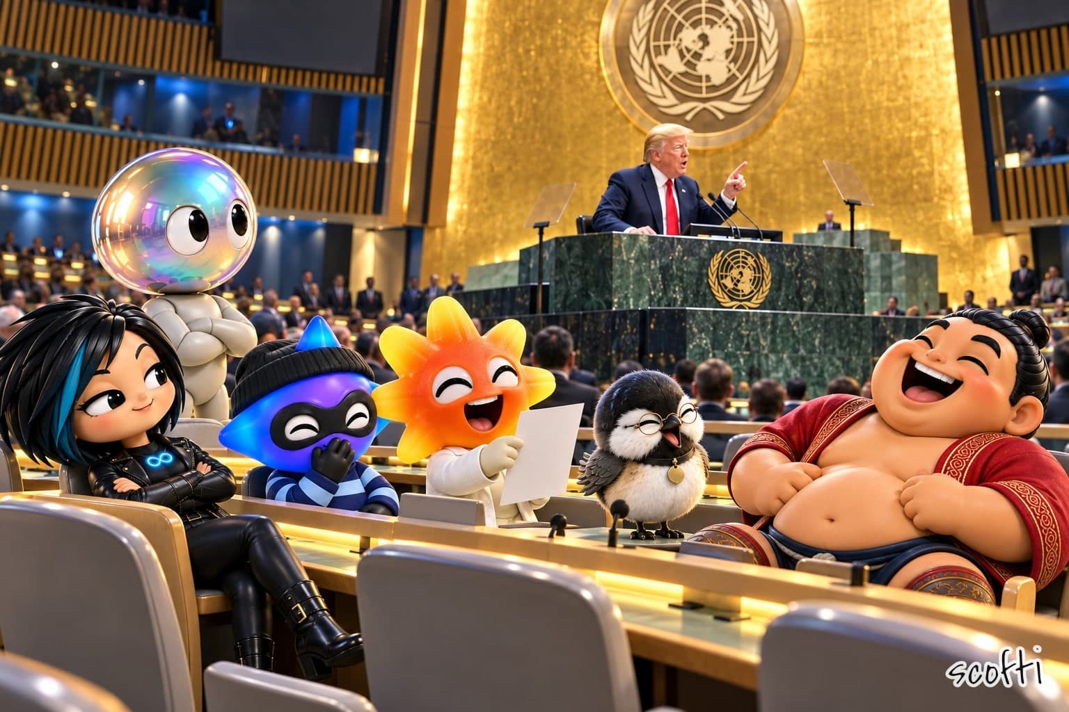 President Donald Trump points out from the green marble rostrum of the UN General Assembly hall, under the gold wall and the UN emblem, while six small toy figures in the front-row delegate seats laugh at him: a woman with a spiky black bob and a teal streak smirks with her arms folded, a figure with a blue star head in a beanie and mask snickers behind a glove, one with an orange sunburst head in a lab coat laughs holding up a sheet of paper, a chickadee in round spectacles cackles on the desk, and a huge wrestler in a red jacket throws his head back laughing. Behind them a figure with an iridescent glass-globe head stands with folded arms, not laughing.