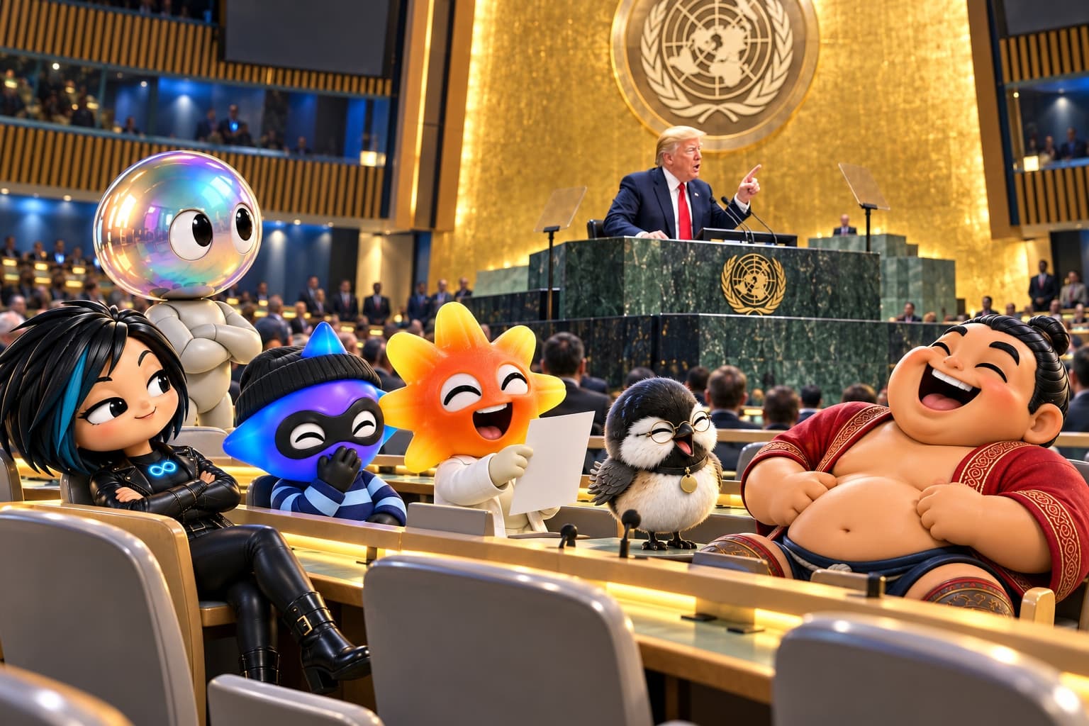 President Donald Trump points out from the green marble rostrum of the UN General Assembly hall, under the gold wall and the UN emblem, while six small toy figures in the front-row delegate seats laugh at him: a woman with a spiky black bob and a teal streak smirks with her arms folded, a figure with a blue star head in a beanie and mask snickers behind a glove, one with an orange sunburst head in a lab coat laughs holding up a sheet of paper, a chickadee in round spectacles cackles on the desk, and a huge wrestler in a red jacket throws his head back laughing. Behind them a figure with an iridescent glass-globe head stands with folded arms, not laughing.