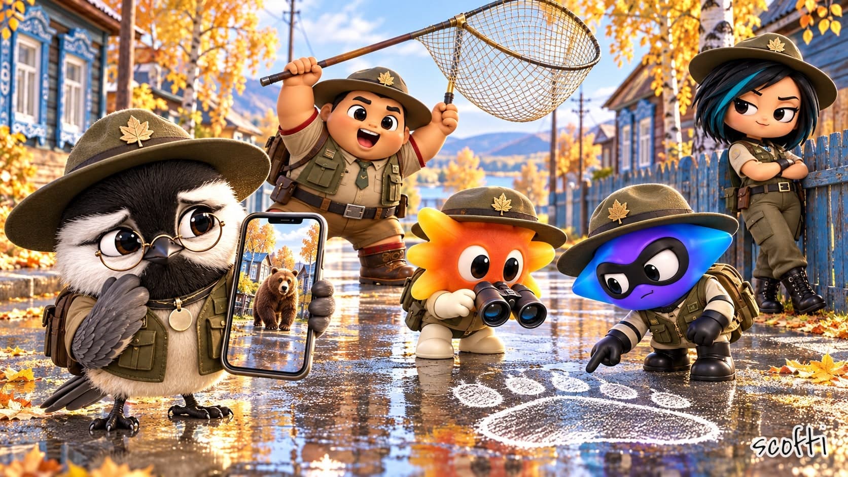 Cartoon toys dressed as wildlife rangers, in green vests and wide hats, on a wet village street with wooden houses and gold autumn trees. A big wrestler holds a net up high, ready to drop it. An orange sunburst looks through binoculars at an empty road. A blue star in a mask points at a bear paw print drawn on the road in chalk. A punk woman leans on a fence with her arms folded. In front, a chickadee in glasses holds up a phone with a picture of a brown bear on this same street, and covers her beak. There is no bear on the street.