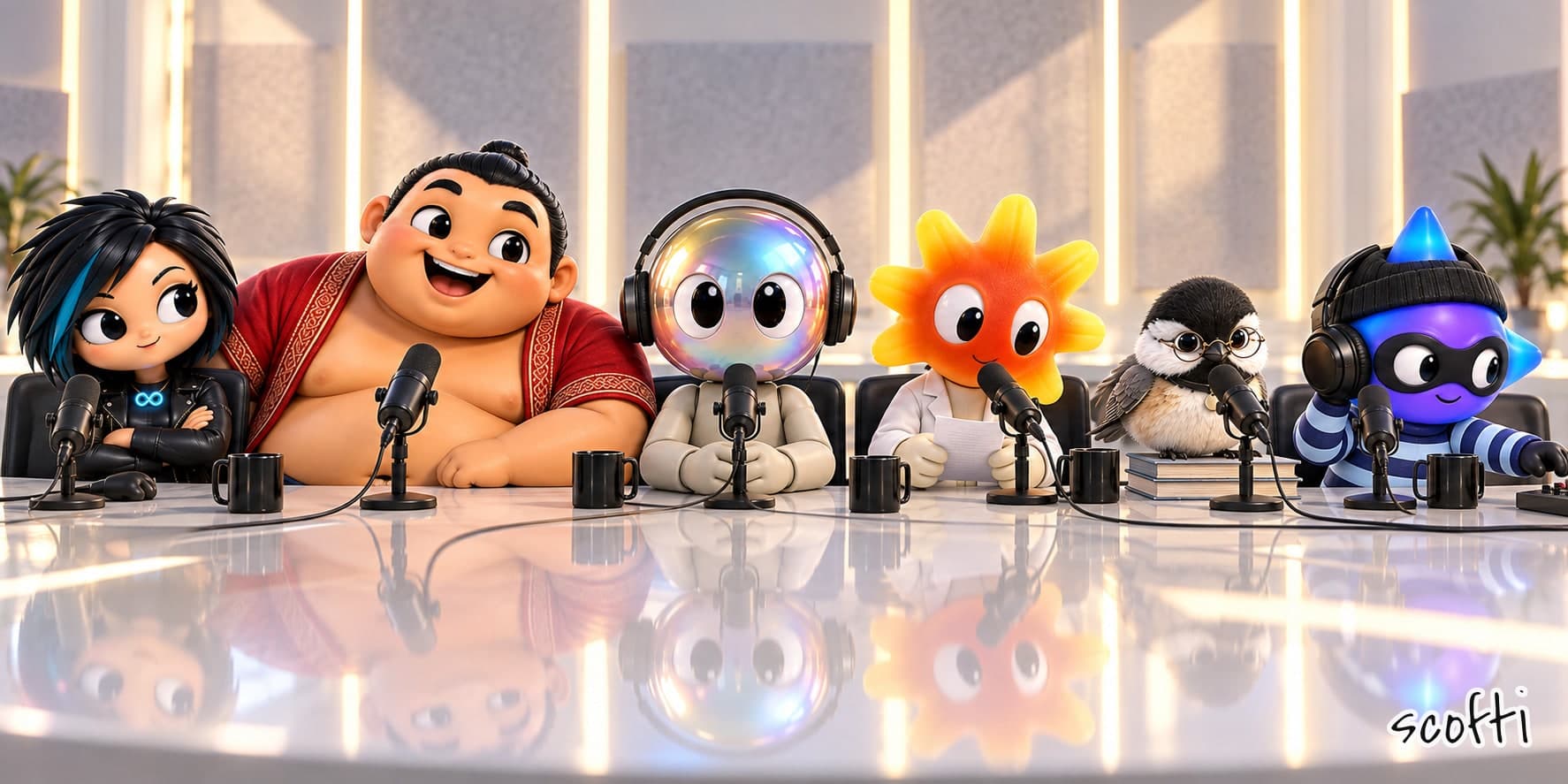 Six small toy figures sit side by side at a glossy white studio table, each behind a microphone with a black mug. From left: a woman with a spiky black bob and a teal streak in a leather jacket, arms folded; a huge smiling wrestler in a red robe spilling over two seats; a figure with an iridescent glass-globe head in headphones, in the centre; a figure with an orange sunburst head in a white lab coat holding notes; a chickadee in round spectacles standing on a stack of books; and a figure with a blue star head in a beanie and mask, wearing headphones.