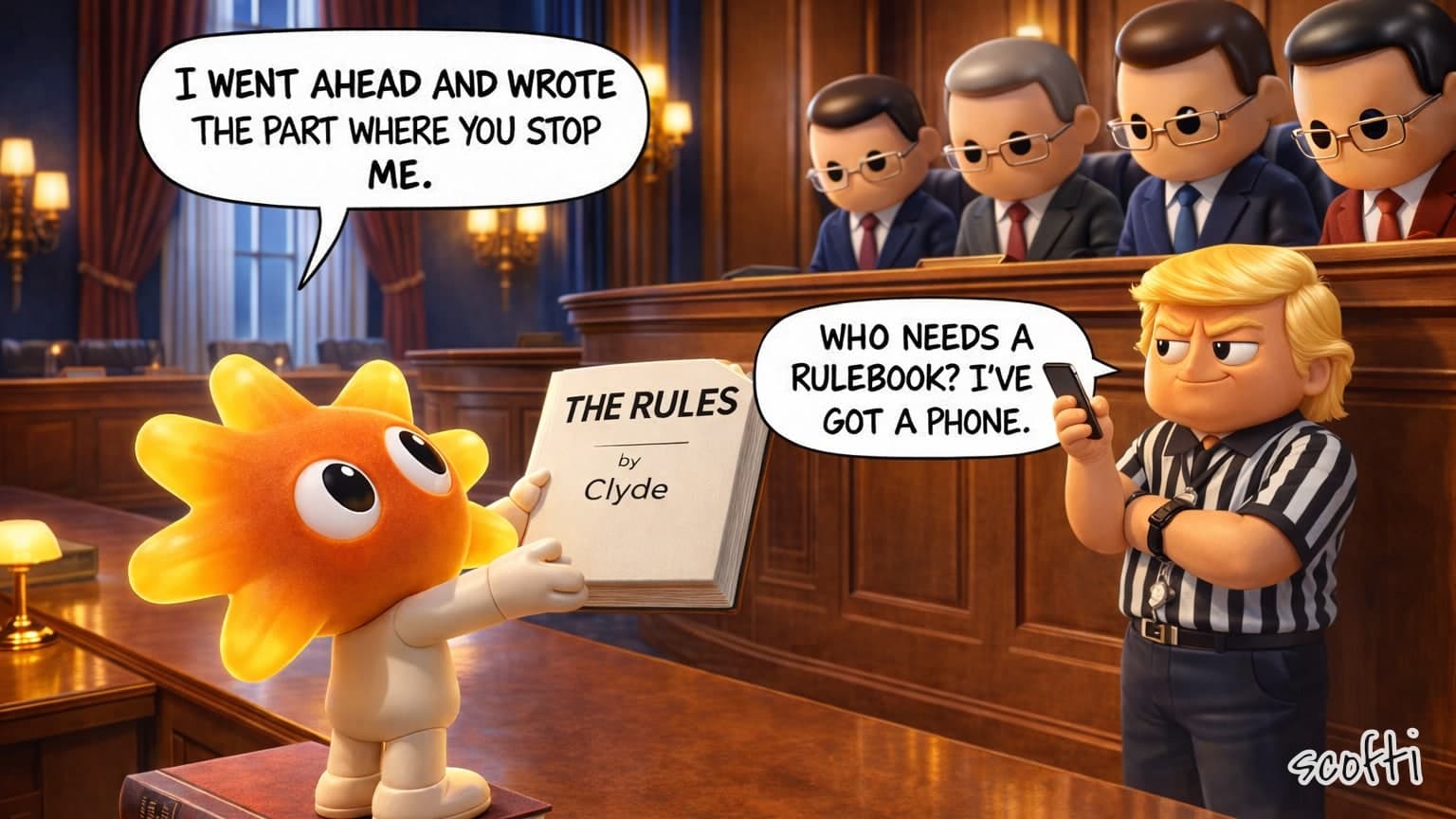 A small toy with an orange sunburst head stands on a stack of law books in a wood-paneled hearing room, holding up a big book to a row of lawmakers in glasses. The cover says THE RULES, by Clyde. He says, "I went ahead and wrote the part where you stop me." On the right a Donald Trump toy in a striped referee shirt, with a whistle on a cord, holds up a phone and says, "Who needs a rulebook? I've got a phone."