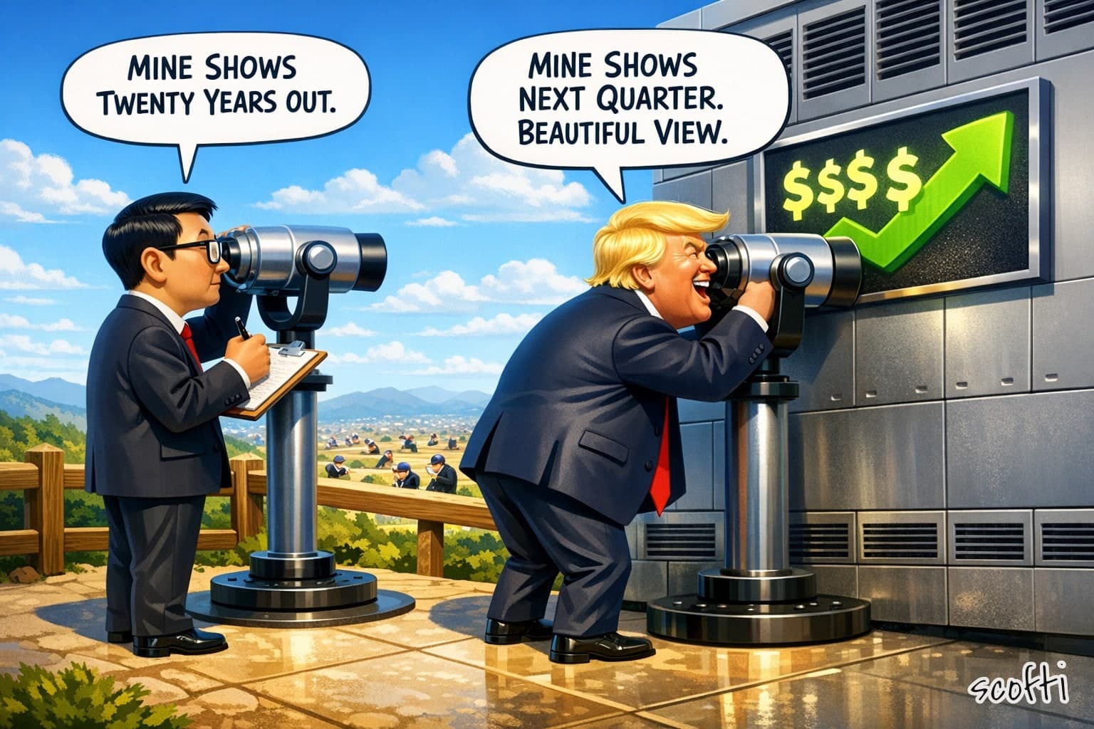 Two coin-operated viewing binoculars on a sunny hilltop lookout. On the left, a man in a dark suit and glasses looks out to a far valley where small figures sit hunched over phones, and takes notes on a clipboard. He says, "Mine shows twenty years out." On the right, Donald Trump presses his face to binoculars aimed at the wall of a huge grey data center a few feet away, under a glowing sign of dollar signs and a green arrow going up. He says, "Mine shows next quarter. Beautiful view."