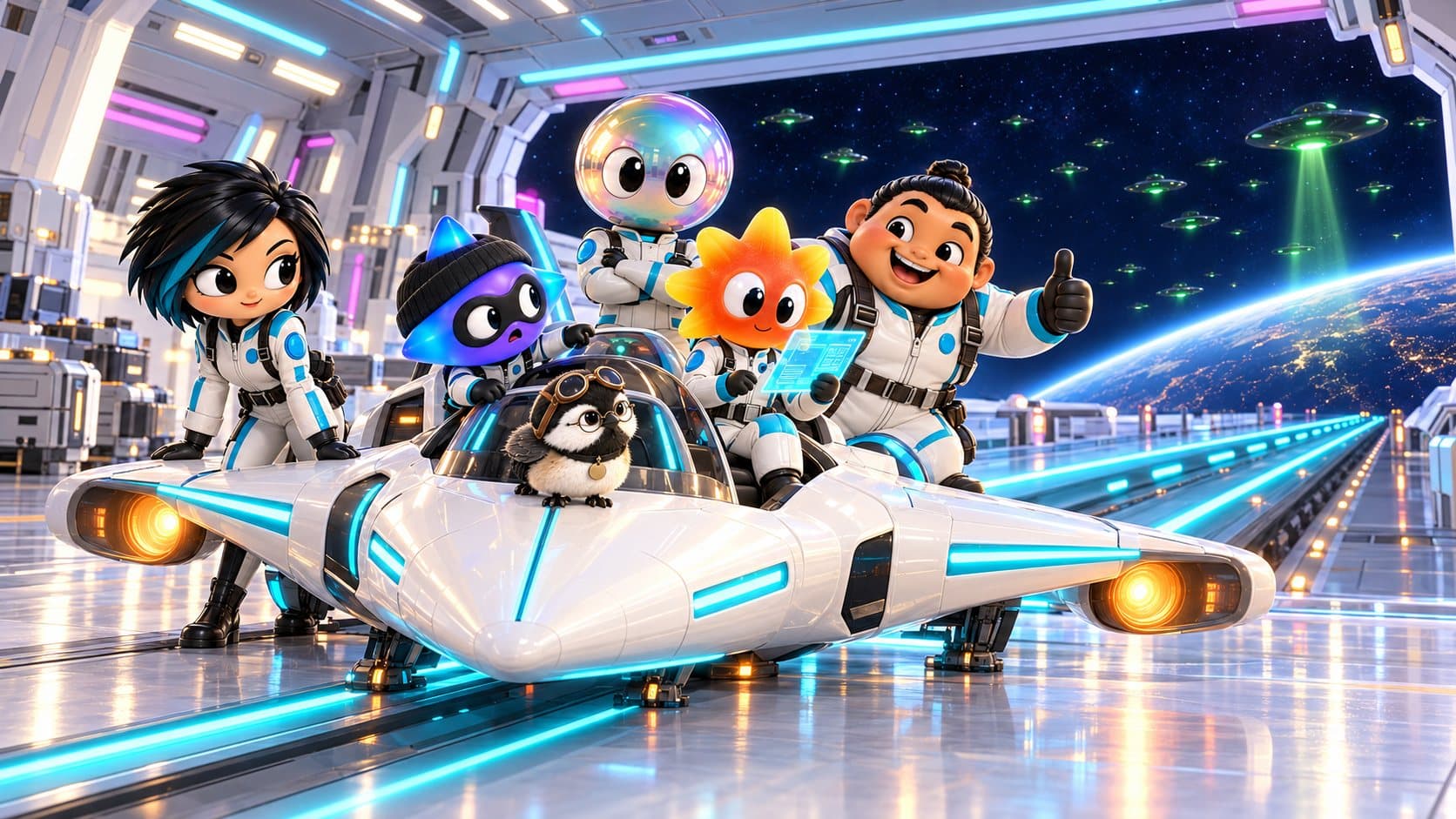 A crew in white and cyan flight suits crowds around a sleek white starfighter in a bright hangar: a black-haired pilot, a purple star-headed figure in a beanie and bandit mask, a figure with an iridescent bubble head, an orange sunburst-headed figure holding a glowing tablet, a grinning wrestler with a topknot giving a thumbs up, and a chickadee in goggles in the cockpit. Through the hangar opening, green flying saucers swarm over a planet.