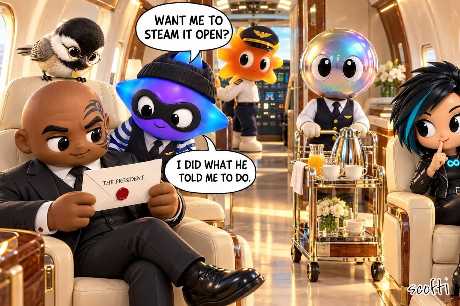 Toy figures in the sunlit cream-leather cabin of a presidential jet. A toy Mike Tyson in a black suit sits in a wide seat holding a white envelope addressed "THE PRESIDENT", sealed with red wax, while a chickadee in spectacles on his headrest peers down at it. A blue-violet star in a beanie, domino mask and striped jersey under a flight attendant's vest leans in with a tray and asks, "Want me to steam it open?" Tyson says, "I did what he told me to do." An orange sunburst in a pilot's cap stands in the open cockpit. An iridescent bubble-headed flight attendant pushes a drinks cart. Across the aisle, a punk woman with a teal streak holds one finger to her lips.