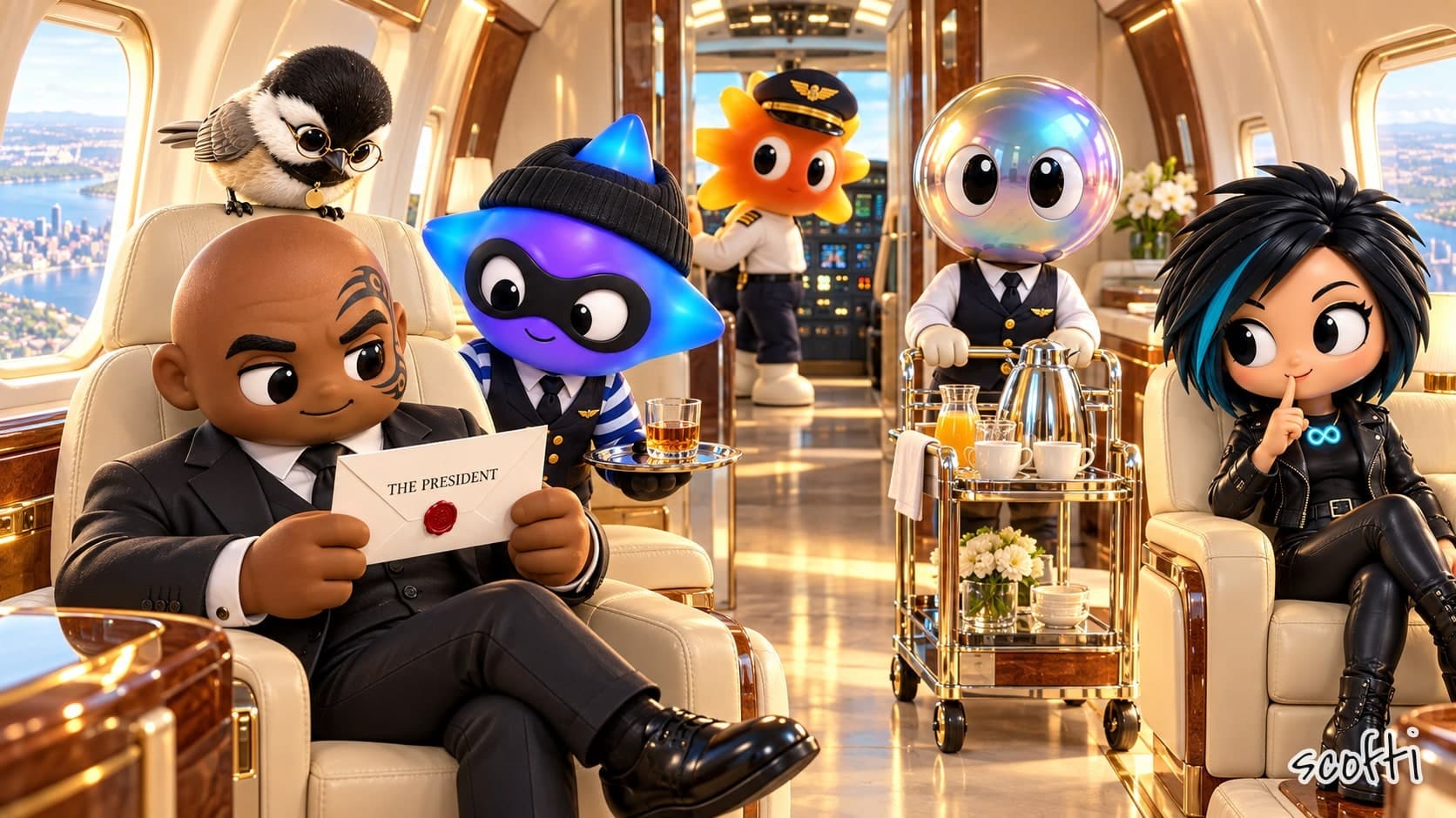 Toy figures in the sunlit cream-leather cabin of a presidential jet, a city and a lake below the windows. A toy Mike Tyson in a black suit sits in a wide seat holding a white envelope addressed "THE PRESIDENT", sealed with red wax, while a chickadee in spectacles on his headrest peers down at it. A blue-violet star in a beanie, domino mask and striped jersey under a flight attendant's vest leans in with a glass on a tray, eyeing the envelope. An orange sunburst in a pilot's cap stands in the open cockpit. An iridescent bubble-headed flight attendant pushes a drinks cart. Across the aisle, a punk woman with a teal streak holds one finger to her lips.