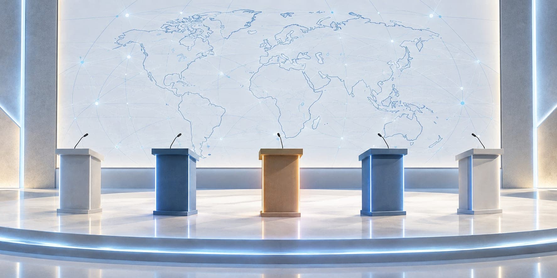 Five empty speaking lecterns on a brightly lit stage in front of a large backlit world map traced with connecting lines.